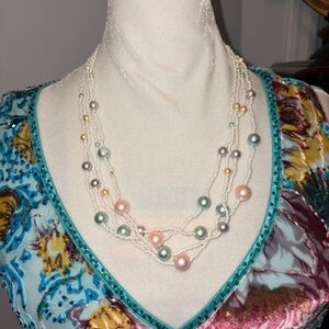 Vintage Multi-Strand Seed Bead Necklace w/ Pastel Baroque Pearls 22” 4-strand
